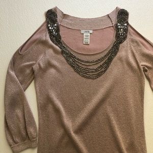 Caché Built in Necklace Metallic Pink Top Cold Shoulder
